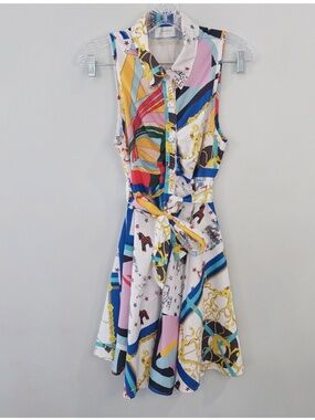 HalfHeart dress 1xl button front tie waist collared fun multicolor print